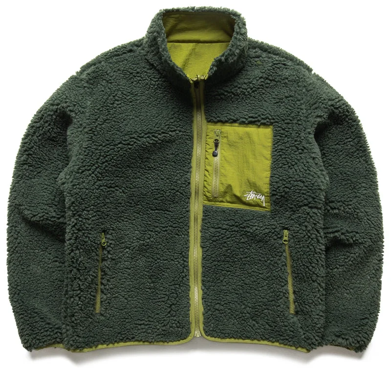 Stussy Sherpa Reversible Jacket - Dark Green Cotton Jacket Linen Jacket Terry Jacket