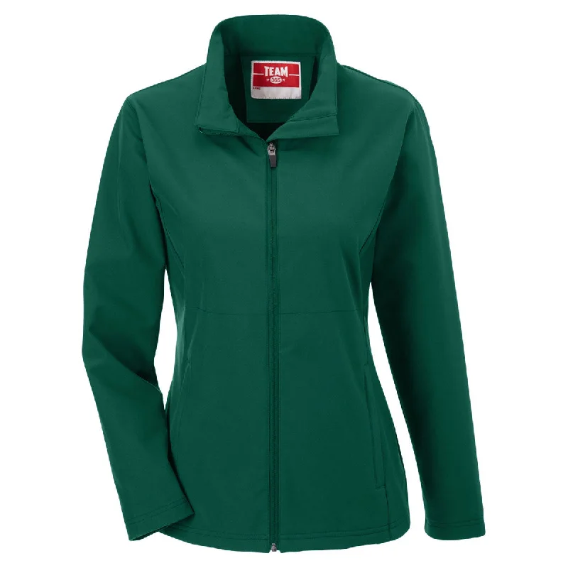 Team 365 Women's Sport Dark Green Leader Soft Shell Jacket Boat Neck Shawl Collar Notched Collar