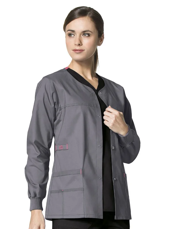 WonderFlex - Women's Constance Snap Front Solid Scrub Jacket Denim Fabric Leather Fabric Suede Fabric