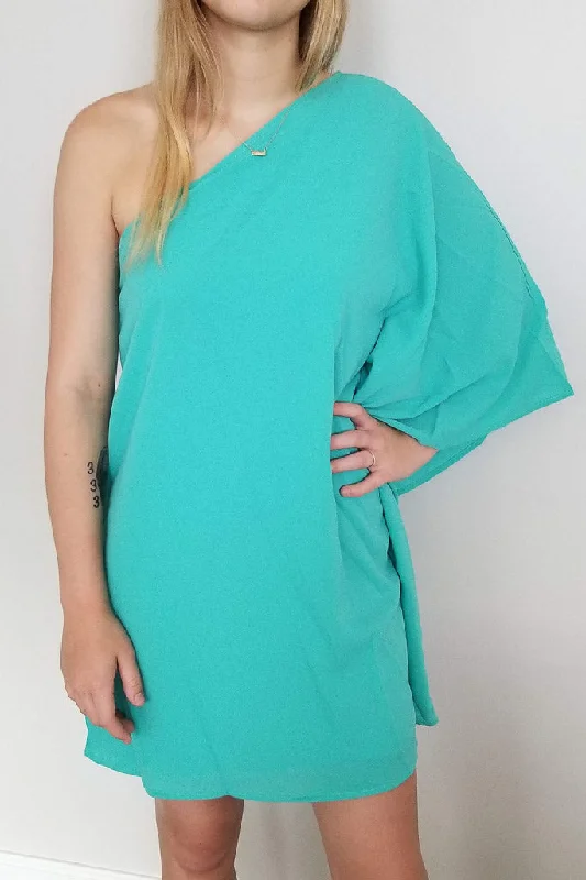 Anna Mini Dress- Teal Comfortable Off-Shoulder Mini Dress