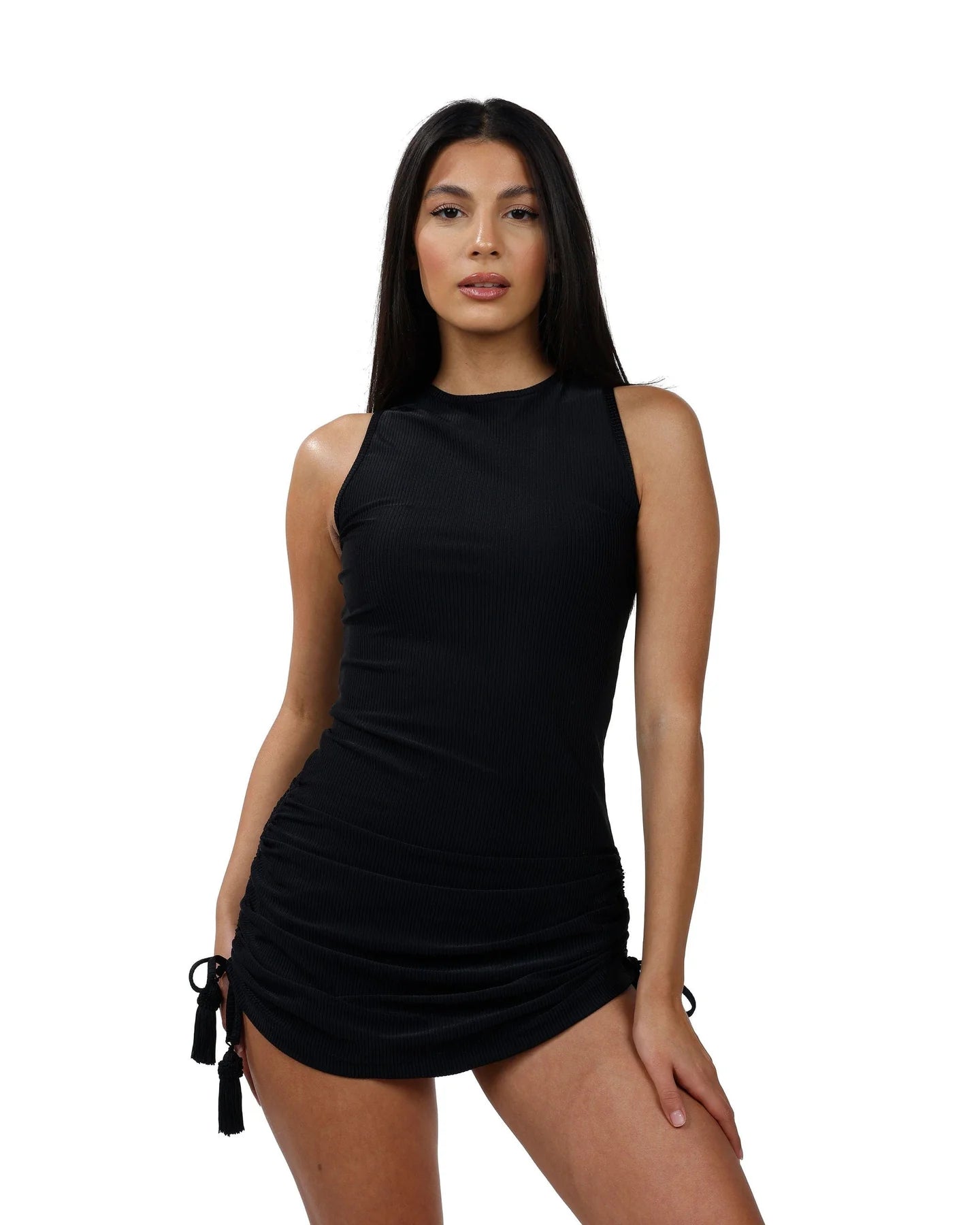 Beach Babe Mini Dress - Onyx Trendy Crossover Mini Dress