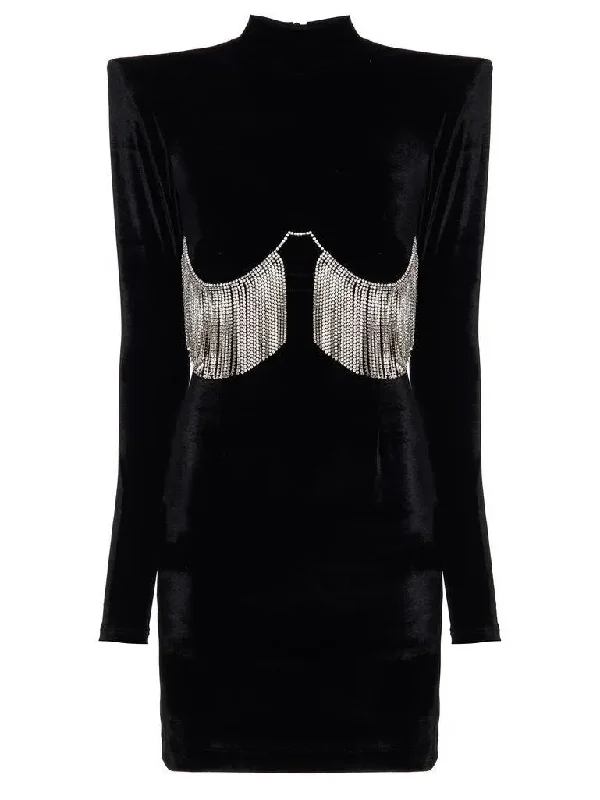 Black Velvet Crystal-Embellished Mini Dress Casual Button-Up Mini Dress