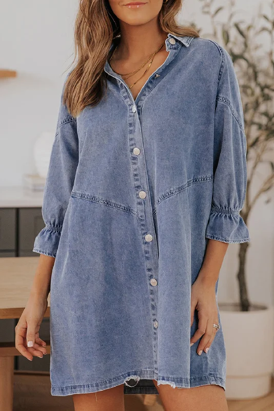 Blue Zone Planet |  Sky Blue Buttoned Long Sleeve Denim Mini Dress Cozy Cowl Neck Mini Dress