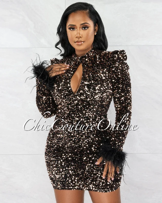 Claricia Black Velvet Gold Sequins Feather Cuffs Mini Dress Elegant Silk Mini Dress