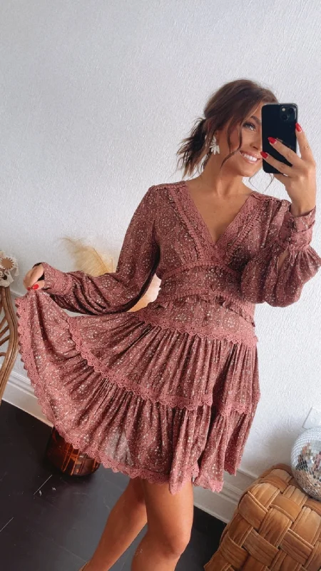 Effortless Charm Lace Tiered Mini Dress, Wine Comfortable Boho Mini Dress