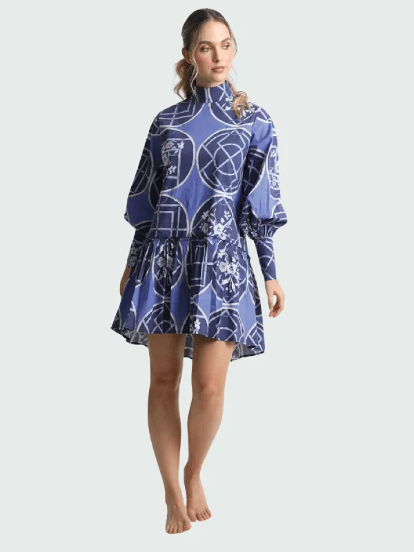 Fiona Mini Dress in Blue Circles Trendy Wraparound Mini Dress