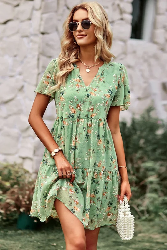 Floral Notched Flutter Sleeve Mini Dress Trendy Bodycon Mini Dress