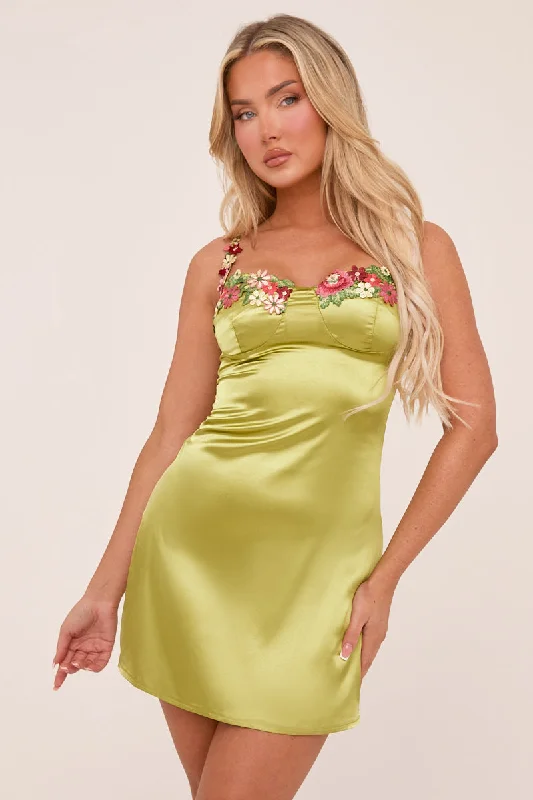 Green Satin Floral Embroidered Mini Dress - Sonya Cozy Ribbed Mini Dress