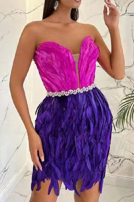 storexq Hit Color Boho Fluffy Bandeau Mini Dress Elegant Silk Mini Dress