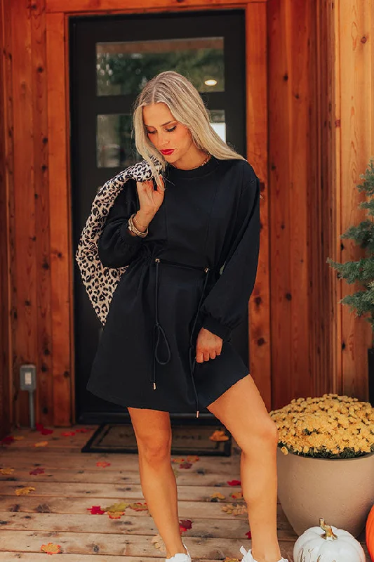 Latte Run Drawstring Mini Dress in Black Cozy Long Sleeve Mini Dress