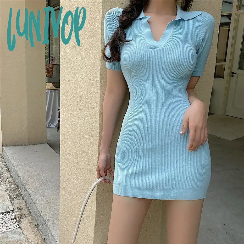 Lunivop Korean Summer Dress Women Casual Polo Collar Short Sleeve Mini Dress Slim Sheath Knit Dresses Vestidos Elegantes Para Mujer Elegant Off-Shoulder Dress Mini