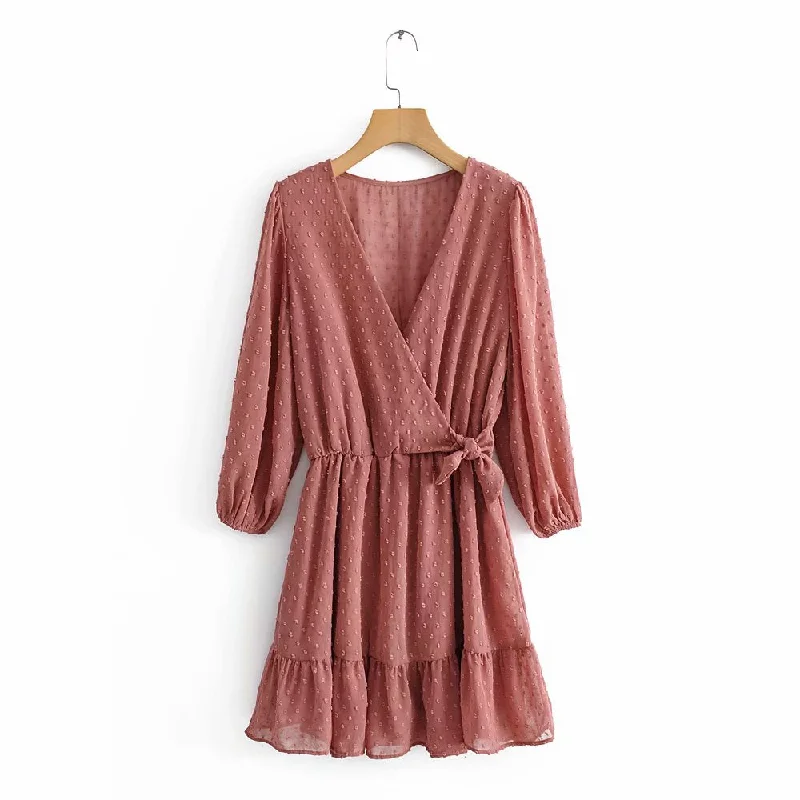 New Women elegant cross v neck bow tied chiffon vestido hem ruffles mini Dress autumn ladies elastic waist kimono Dresses DS2893 Trendy Floral Mini Dress