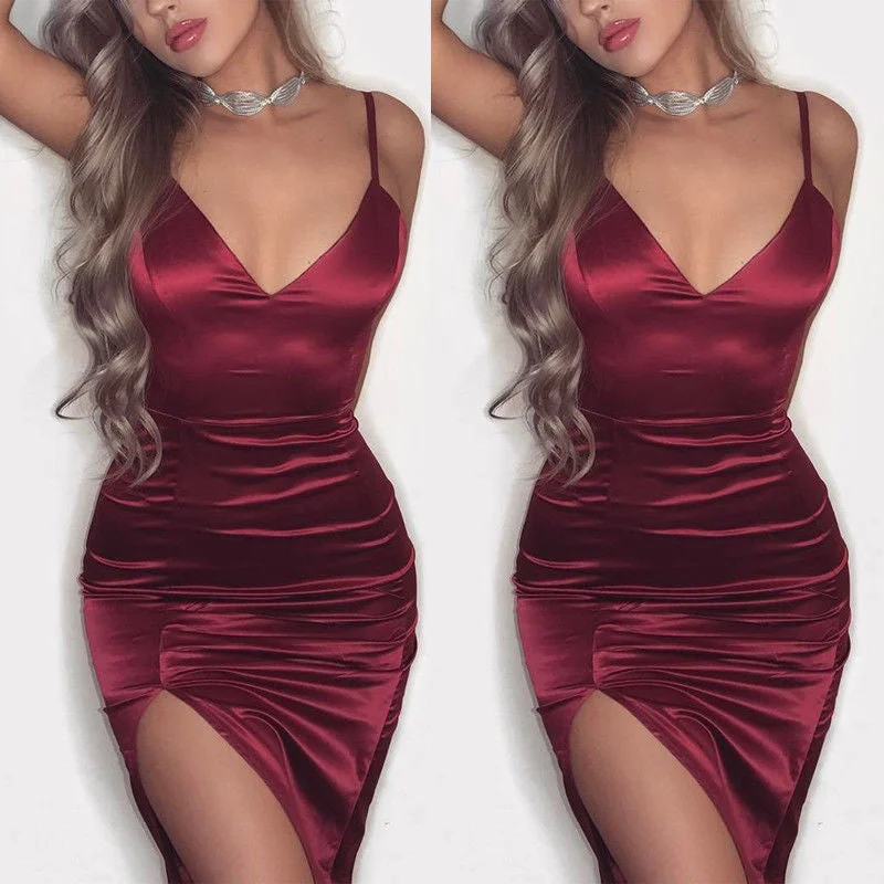 New Women Summer Split Dress Sexy Fashion Party Club V Neck Spaghetti Strap Satin Women Bodycon Sleeveless Short Mini Dress Cozy Ribbed Mini Dress