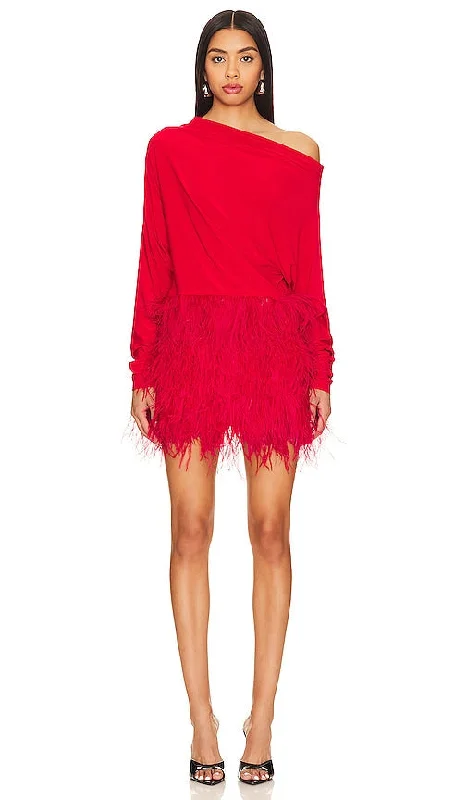 Norma Kamali Feather All IN One Mini Dress in Red Elegant Velvet Mini Dress