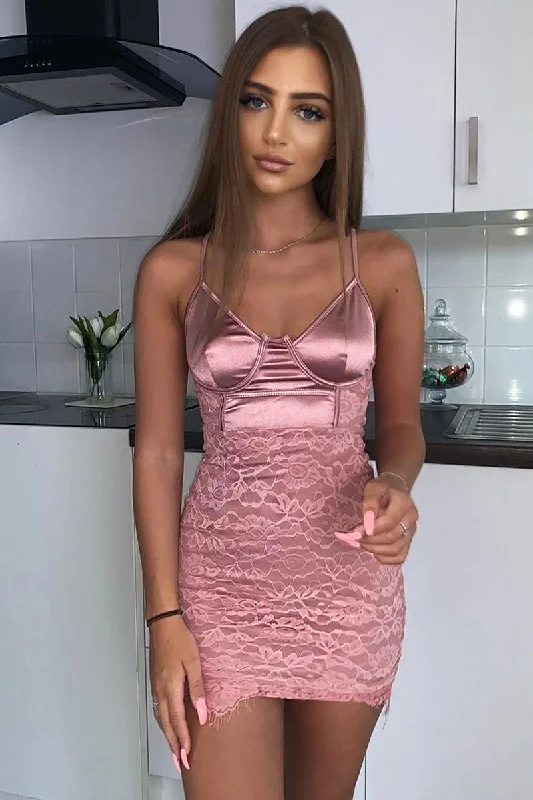 Pink Satin Lace Insert Bodycon Mini Dress - Cashlyn Classic Shift Mini Dress