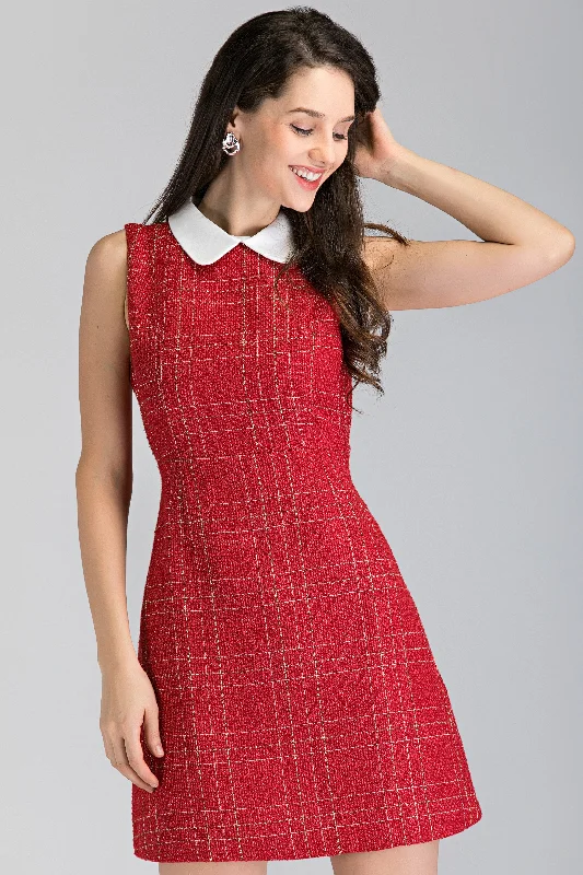 Red Tweed Sleeveless Mini Dress Modern Satin Mini Dress