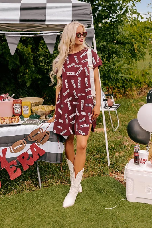 School Spirit Sequin Embroidered Mini Dress in Texas Maroon Trendy Mini Dress with Belt