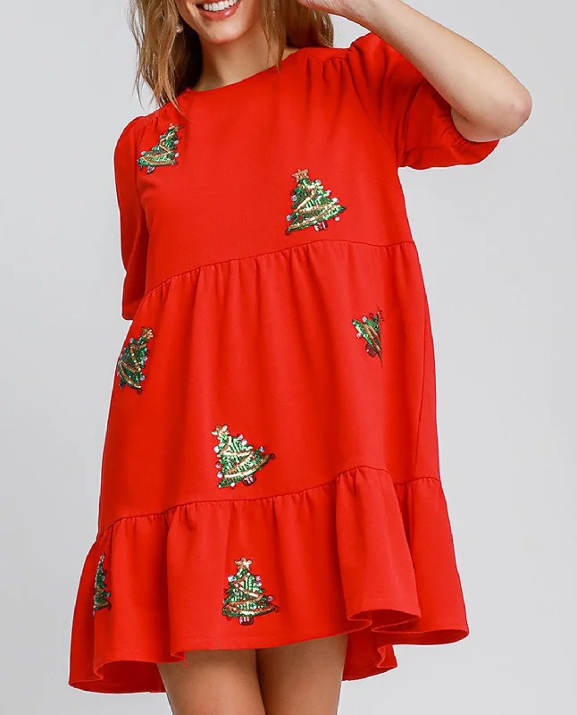 Mini Dress with Christmas Tree Sequins Chic Tropical Mini Dress