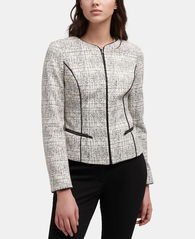 DKNY Printed Zip Up Jacket With Faux Leather Trim Knit Jacket Woven Jacket Fleece Jacket