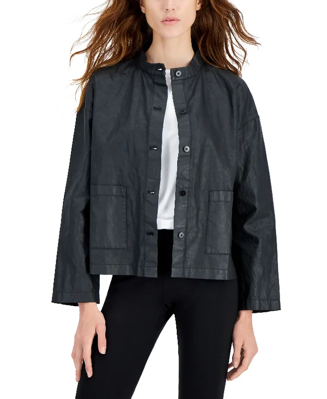 Eileen Fisher Womens Organic Cotton Linen Stand Collar Jacket Nylon Fabric Polyester Fabric Spandex Fabric
