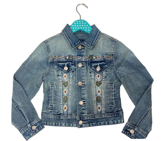 Girls Grace Cactus Embroidered Denim Jacket Satin Fabric Silk Fabric Chiffon Fabric