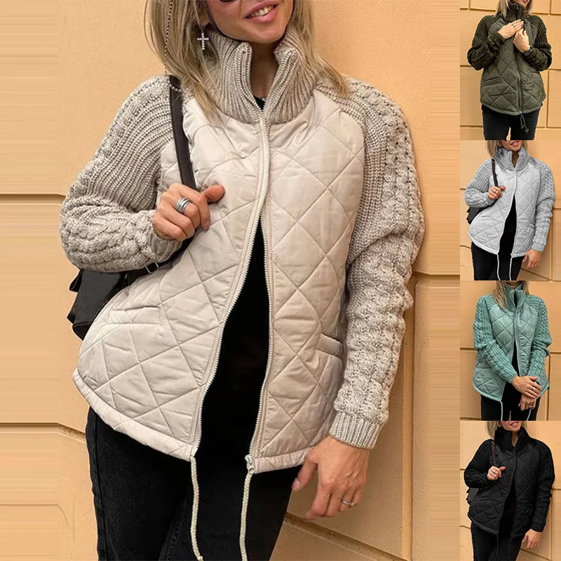 Stand Collar Cotton Jacket With Pockets Fashion Knitted Stitching Zipper Coat Winter Warm Tops For Women Mesh Jacket Canvas Jacket Denim Jacket