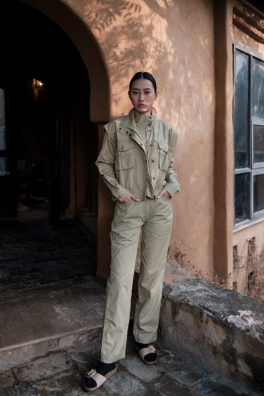 The Terra Tribe Khaki Sheldon Cropped Jacket Notch Collar Peter Pan Collar Cowl Neck