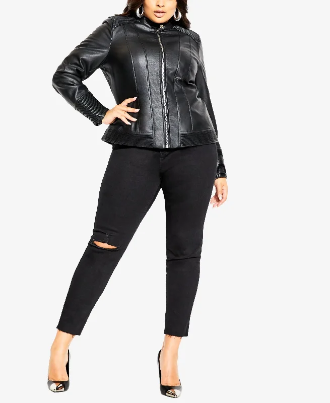 Trendy Plus Size Ribbed Biker Jacket Cardigan Sweater Pullover