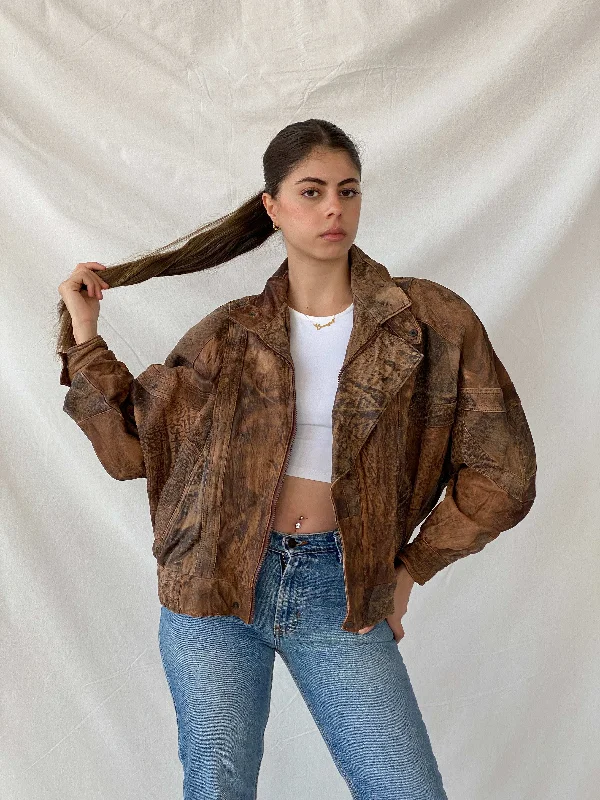 Statement Vintage 90s Distressed Brown Bomber Leather Jacket - L Notch Collar Peter Pan Collar Cowl Neck Statement Vintage 90s Distressed Brown Bomber Leather Jacket - L Notch Collar Peter Pan Collar Cowl Neck