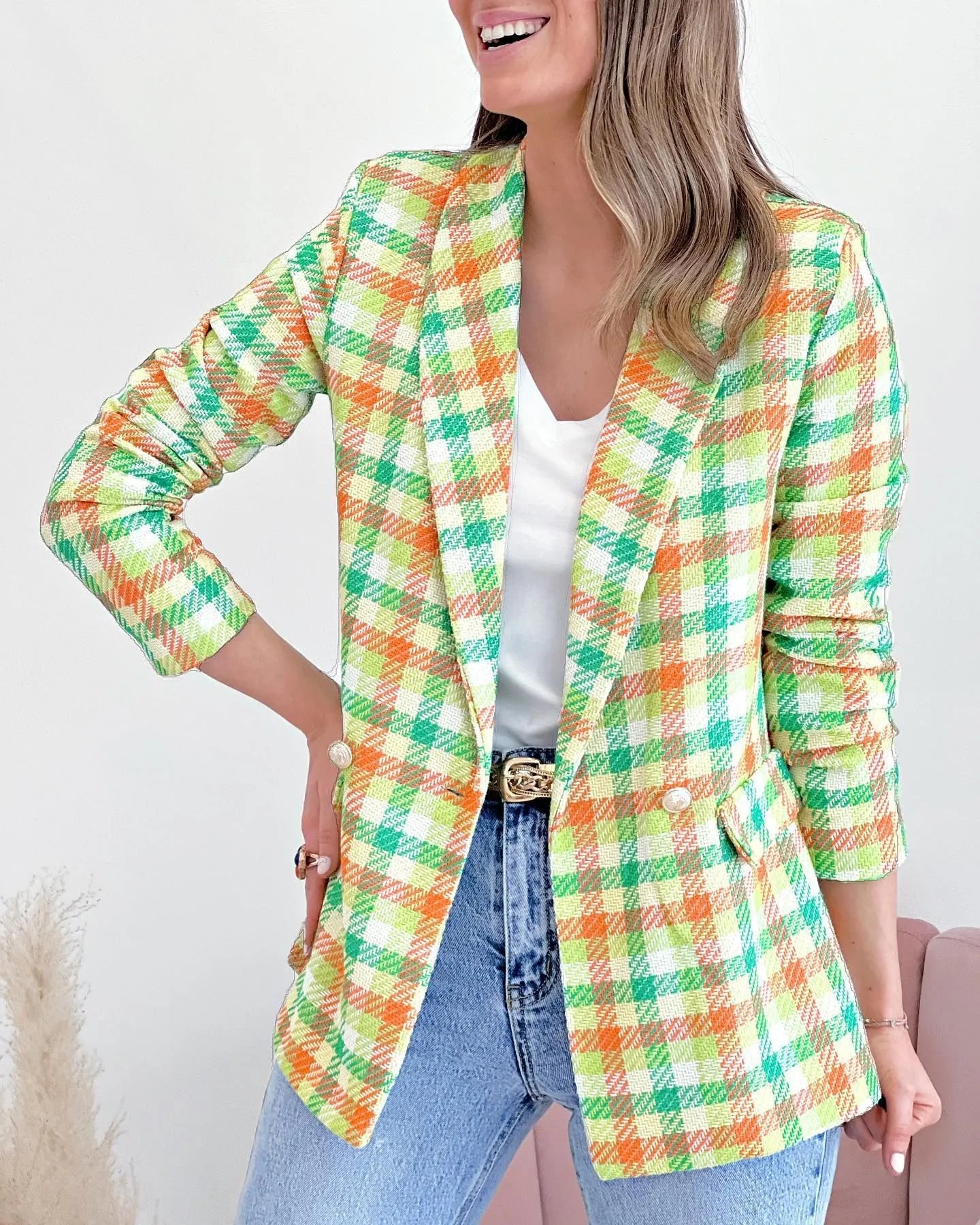 Autumn Winter Women Fashion Casual Plaid Long Sleeve Pocket Printed Double-Breasted Suit Jacket Blazers Boat Neck Shawl Collar Notched Collar