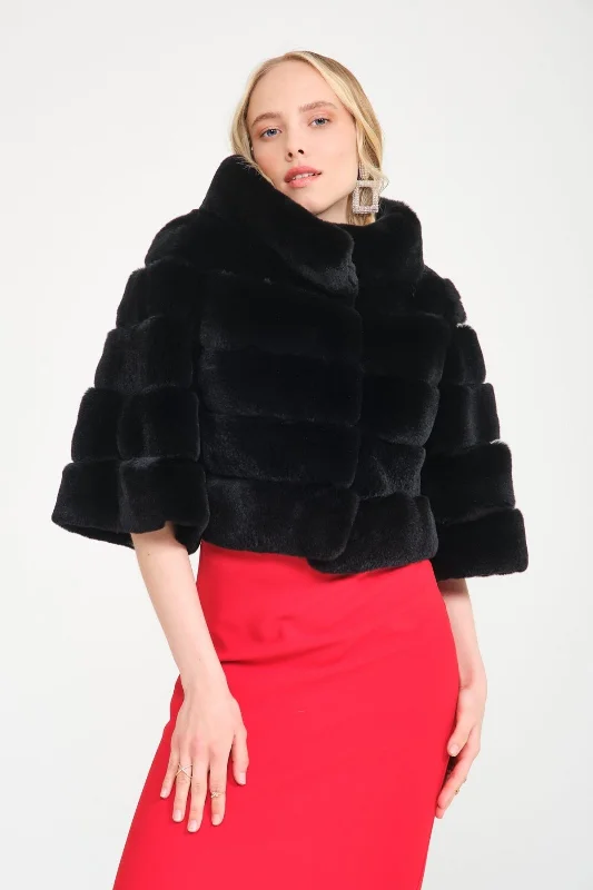 Black Rex Fur Jacket Hooded Jacket Caped Jacket Shawl Collar Jacket