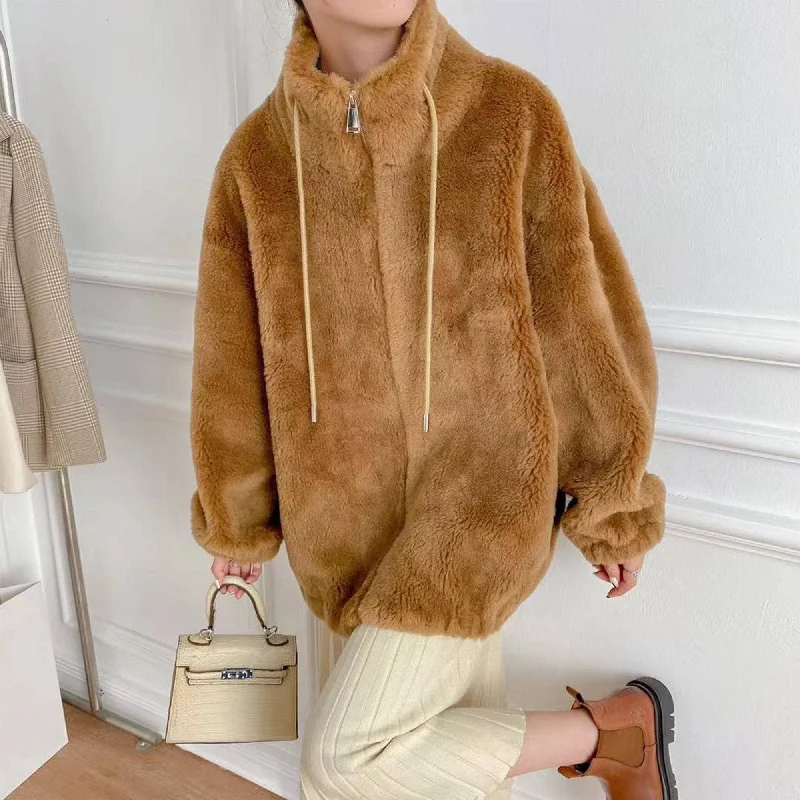 Camille Sheepskin Teddy Jacket Front Pockets Side Pockets Patch Pockets