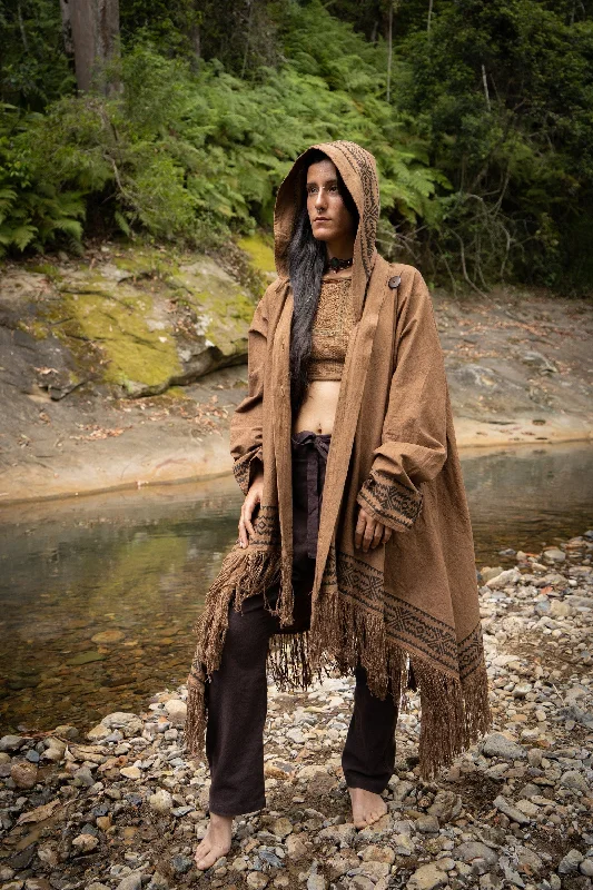 JUBBA Brown Womens Hooded Cloak Long Sleeve Poncho Jacket Festival Tribal Dystopian Apocalyptic Block Printed Steampunk Handmade Dune AJJAYA Herringbone Jacket Checkered Jacket Solid Jacket