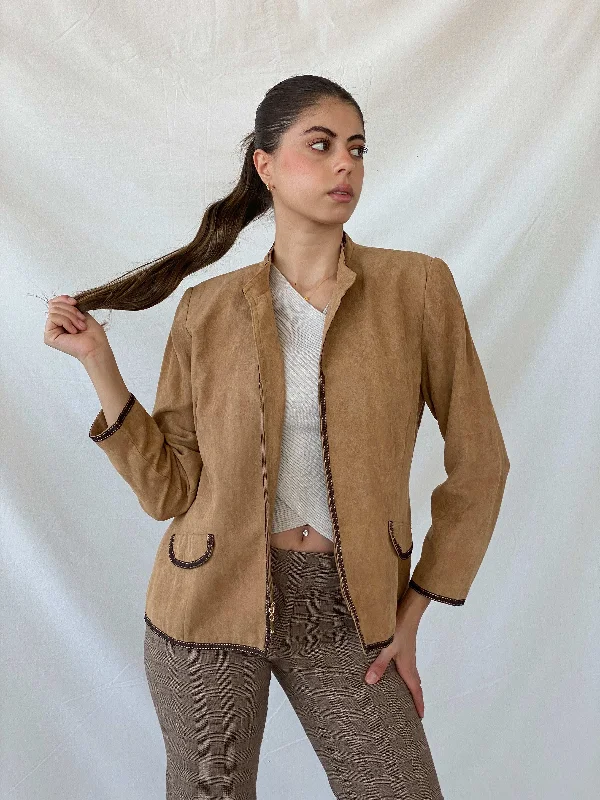 Perceptions New York Beige Fitted Zip Up Brown Trim Light Jacket - L A-Line Jacket Boat Neck Shawl Collar