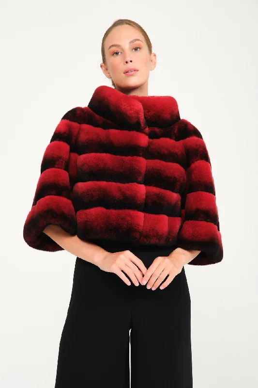 Red Chinchilla Pattern Rex Fur Jacket Collared Jacket Crew Neck Jacket Turtle Neck Jacket