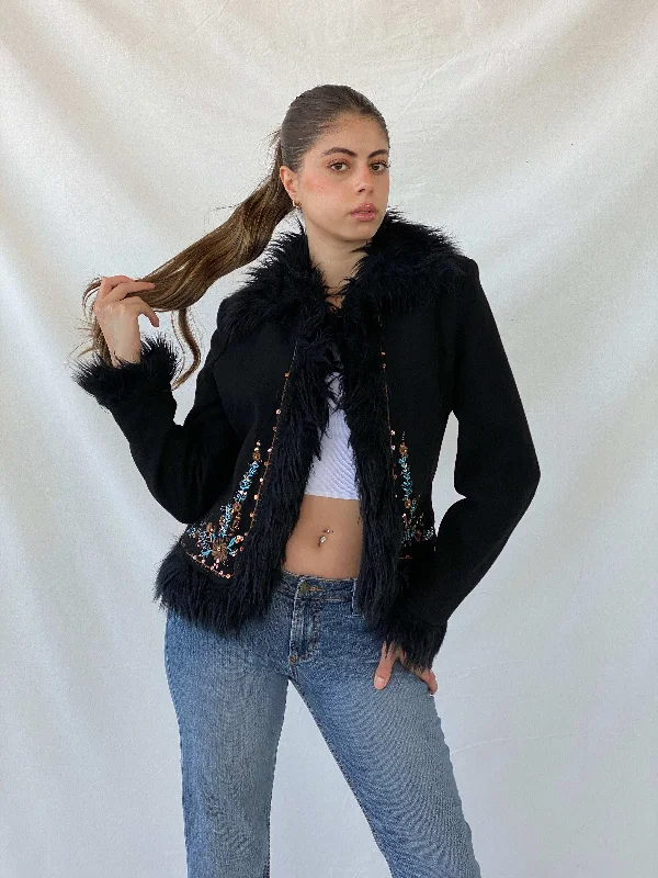 Vintage Favori Sequin Embroidered Faux Fur Afghan Black Jacket - M Notch Collar Jacket Peter Pan Collar Jacket Cowl Neck Jacket