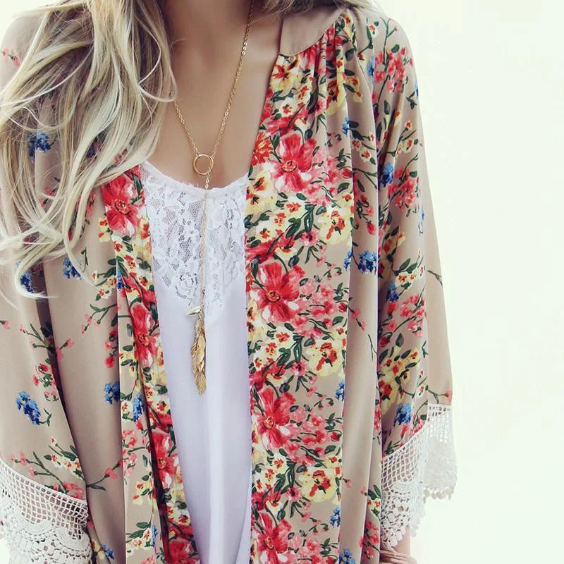 Women Chiffon Vintage Floral Loose Shawl Kimono Cardigan Boho Coat Jacket Blouses Nylon Fabric Polyester Fabric Spandex Fabric