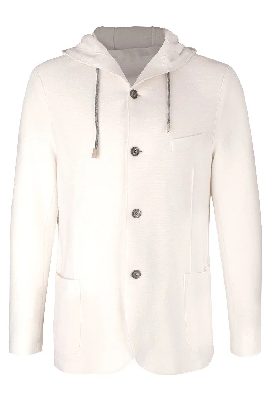 Hooded Jacket - White Notch Collar Jacket Peter Pan Collar Jacket Cowl Neck Jacket