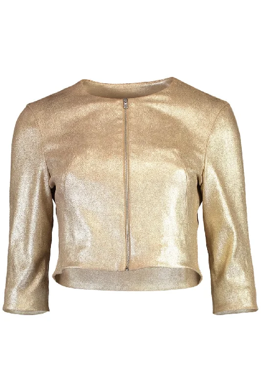 Stretch Leather Cardigan Jacket - Pale Gold Embroidered Jacket Appliqued Jacket Beaded Jacket