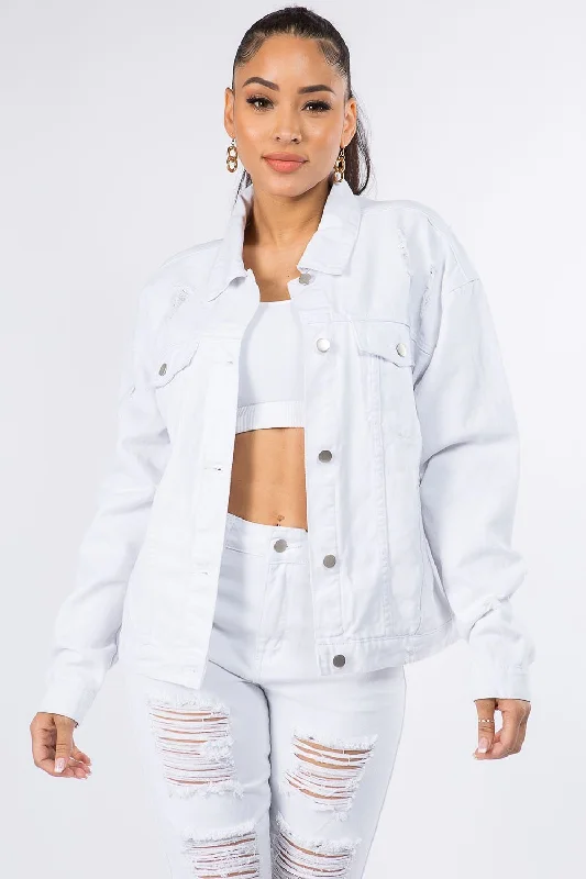 American Bazi Graphic Distressed Long Sleeve Denim Jacket Cotton Jacket Linen Jacket Terry Jacket