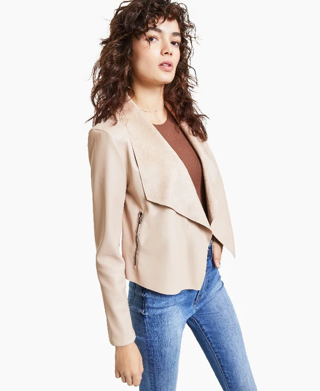 Bar III Womens Faux Leather Flyaway Jacket Oversized Jacket Tailored Jacket Straight Jacket