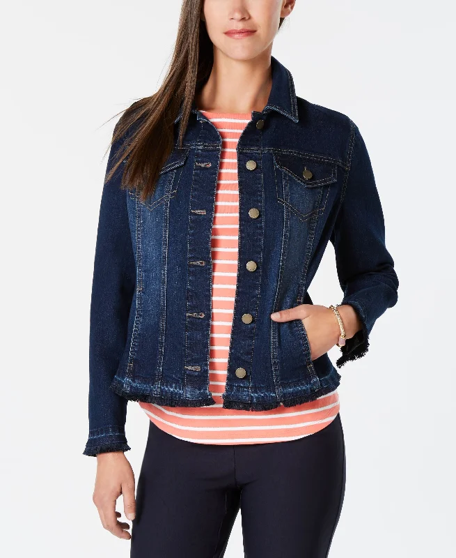 Charter Club Frayed Trim Jean Jacket Collared Jacket Crew Neck Jacket Turtle Neck Jacket