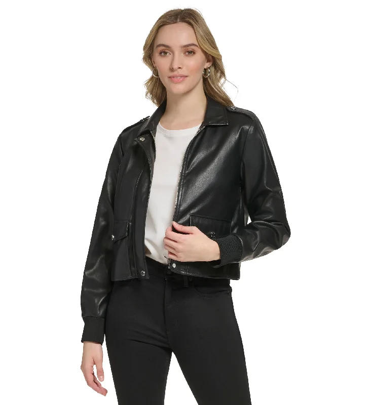 Cropped Faux-Leather Jacket Hoodie Zip-Up Jacket Button-Up Jacket