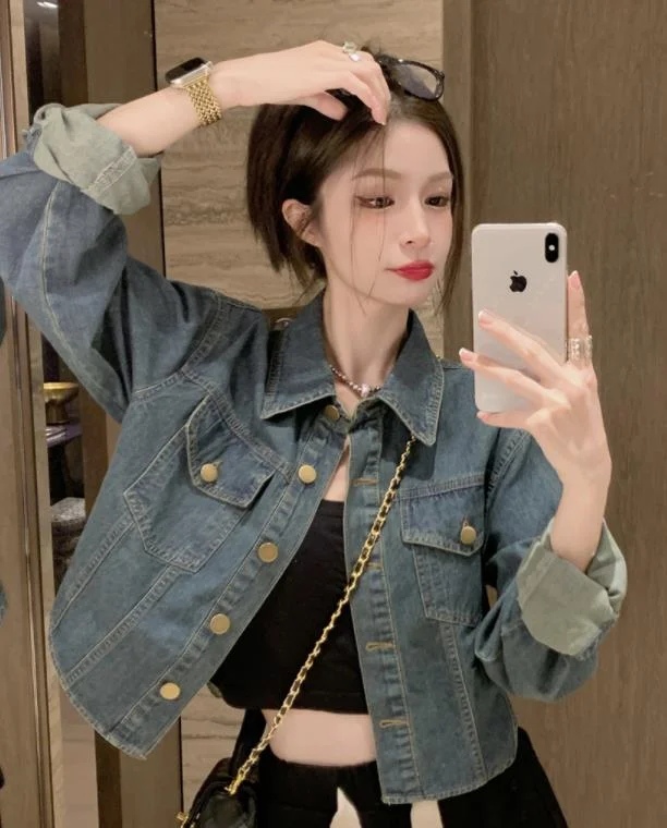 Design sense niche retro temperament casual loose short denim jacket top Mesh Jacket Canvas Jacket Denim Jacket