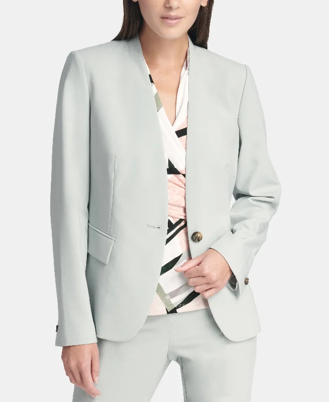DKNY Collarless One Button Jacket Zippered Front Buttoned Front Snap Front