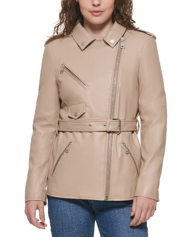 DKNY Faux Leather Belted Moto Jacket Trench Coat Raincoat Waterproof Jacket