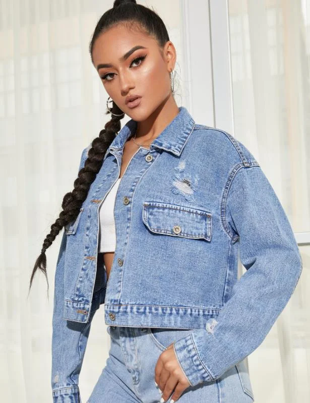European Style Pure Color Hollow Out Denim Jeans Jacket Oversized Jacket Tailored Jacket Straight Jacket