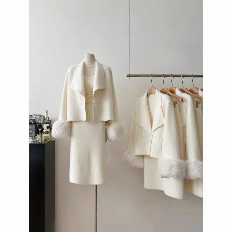 Fashion Imitation Mink Fur Jacket Skirt Two-piece Set Women Celebrity Lapel Plush Splice Soft Temperament Solid Slim Winter Suit Herringbone Jacket Houndstooth Jacket Plaid Jacket
