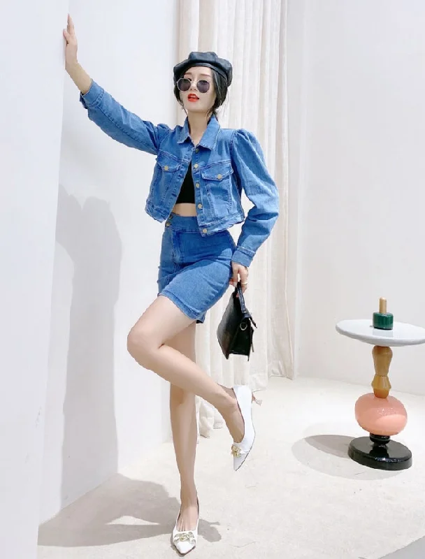 High waist long sleeve skirt pinched waist jacket 2pcs set Hooded Jacket Caped Jacket Shawl Collar Jacket