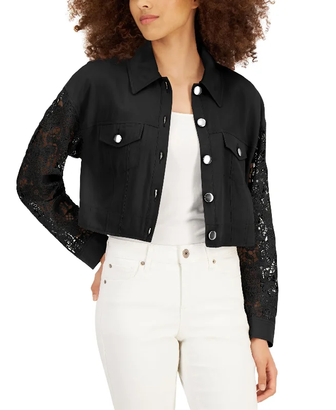 INC International Concepts Lace Sleeve Trucker Jacket A-Line Jacket Boat Neck Shawl Collar